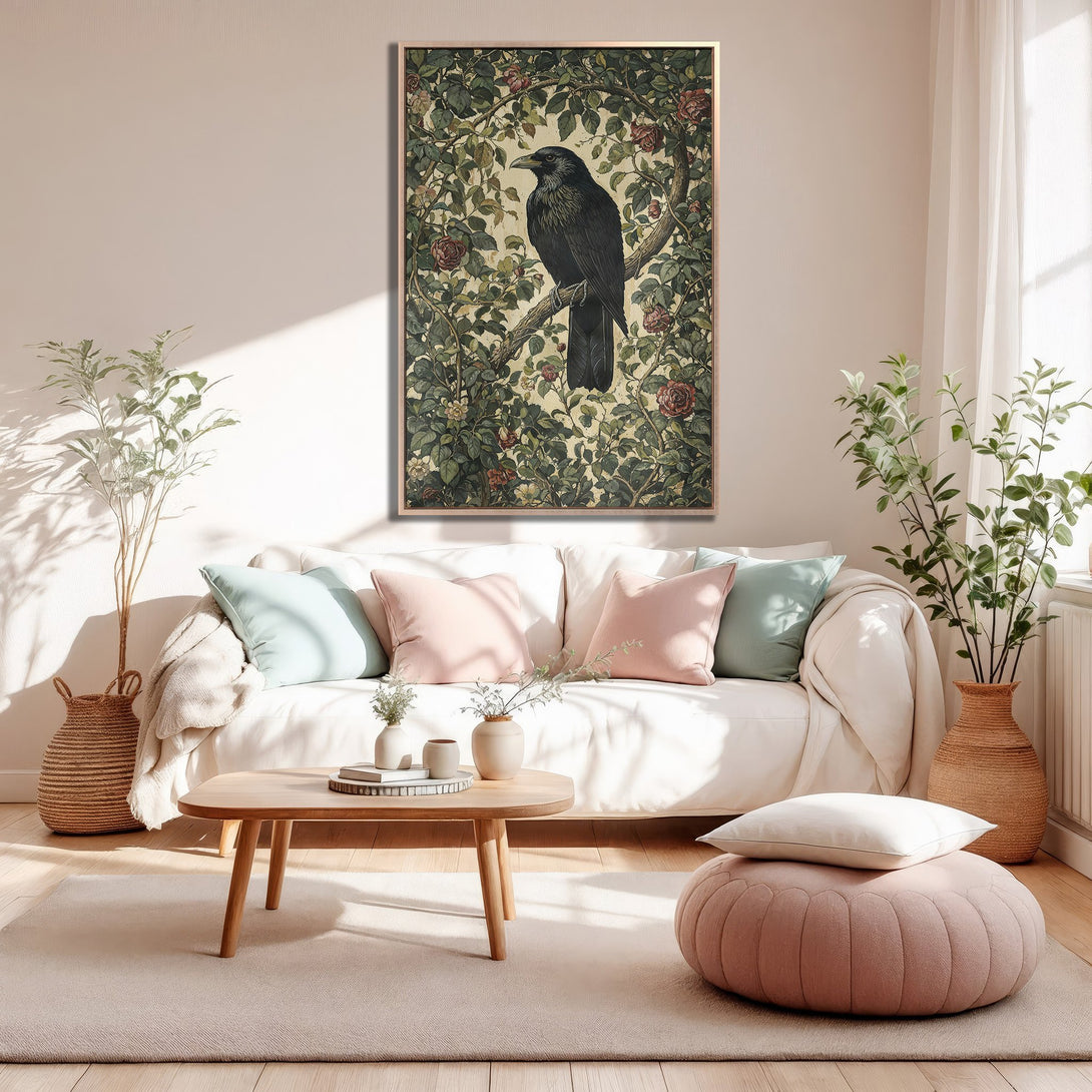 Framed Wall Art of a raven in a floral design, displayed in a living room. Earthy tones and a vintage style create a cozy, inviting vibe.