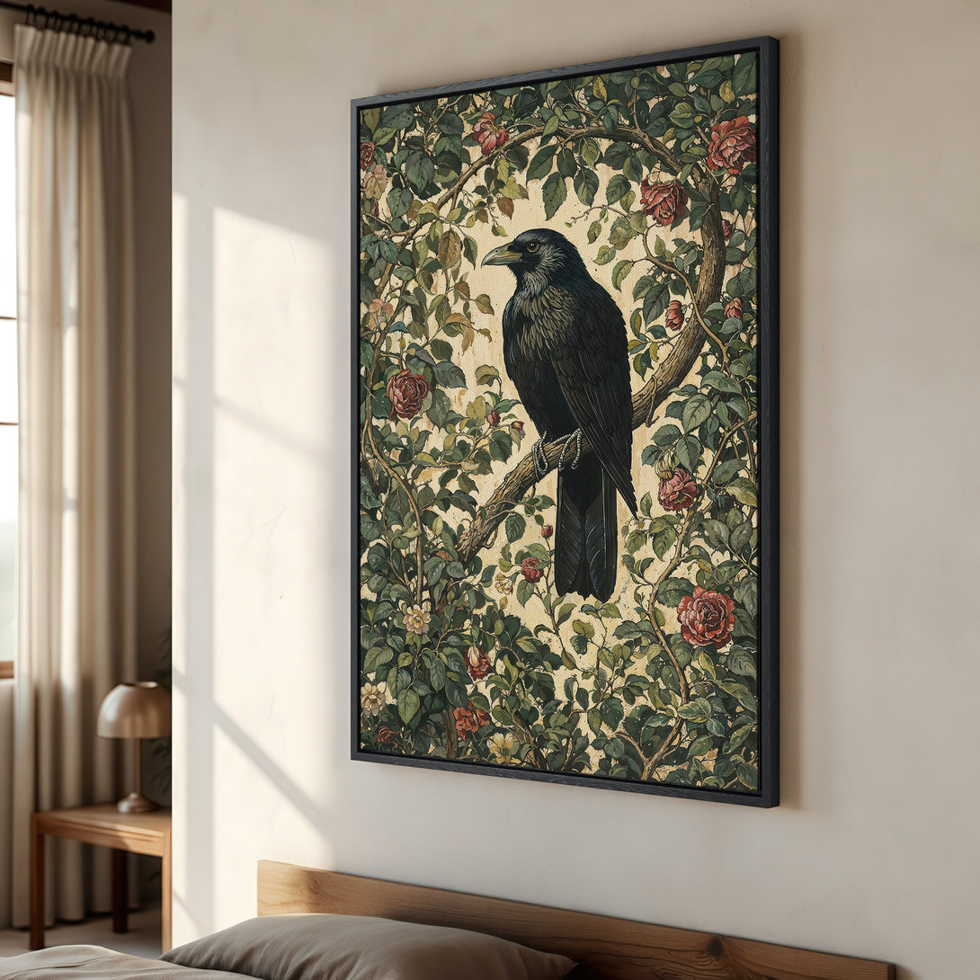 Framed Wall Art: Vintage-style raven print with floral details in a green, red, and beige color palette. Perfect for adding a touch of nature to your decor.