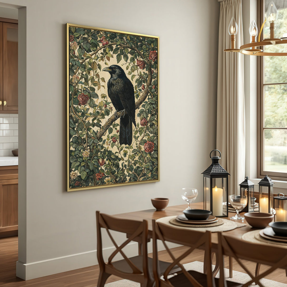 Canvas Print of a raven perched on a branch, vintage botanical style, warm earthy tones. Perfect for rustic home decor.