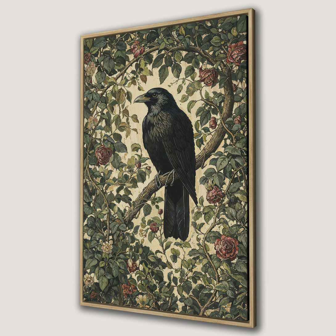 Framed Wall Art: Vintage-style raven print with floral accents. Earthy green, red, and beige color palette. Perfect for adding a touch of nature to your home.