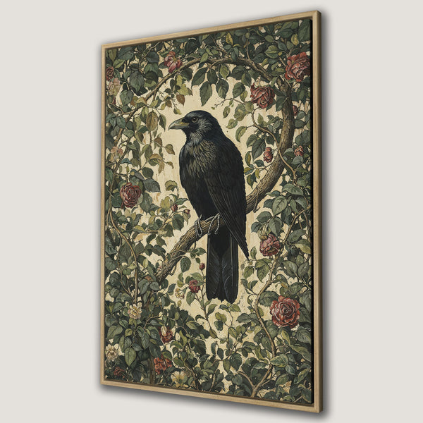 Framed Wall Art: Vintage-style raven print with floral accents. Earthy green, red, and beige color palette. Perfect for adding a touch of nature to your home.
