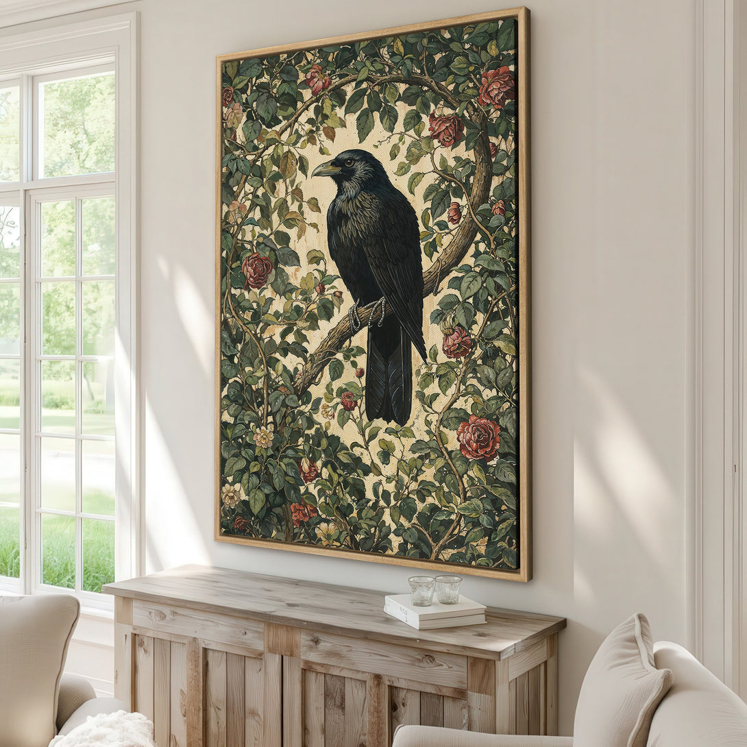 Framed Wall Art featuring a vintage-style raven perched on a branch, surrounded by roses and foliage. Earthy green, red, and gold color palette. Perfect for home decor.