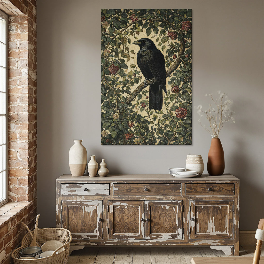 Framed Wall Art featuring a black raven in a botanical style, with a warm, earthy color palette. Perfect for adding a touch of nature to your home!