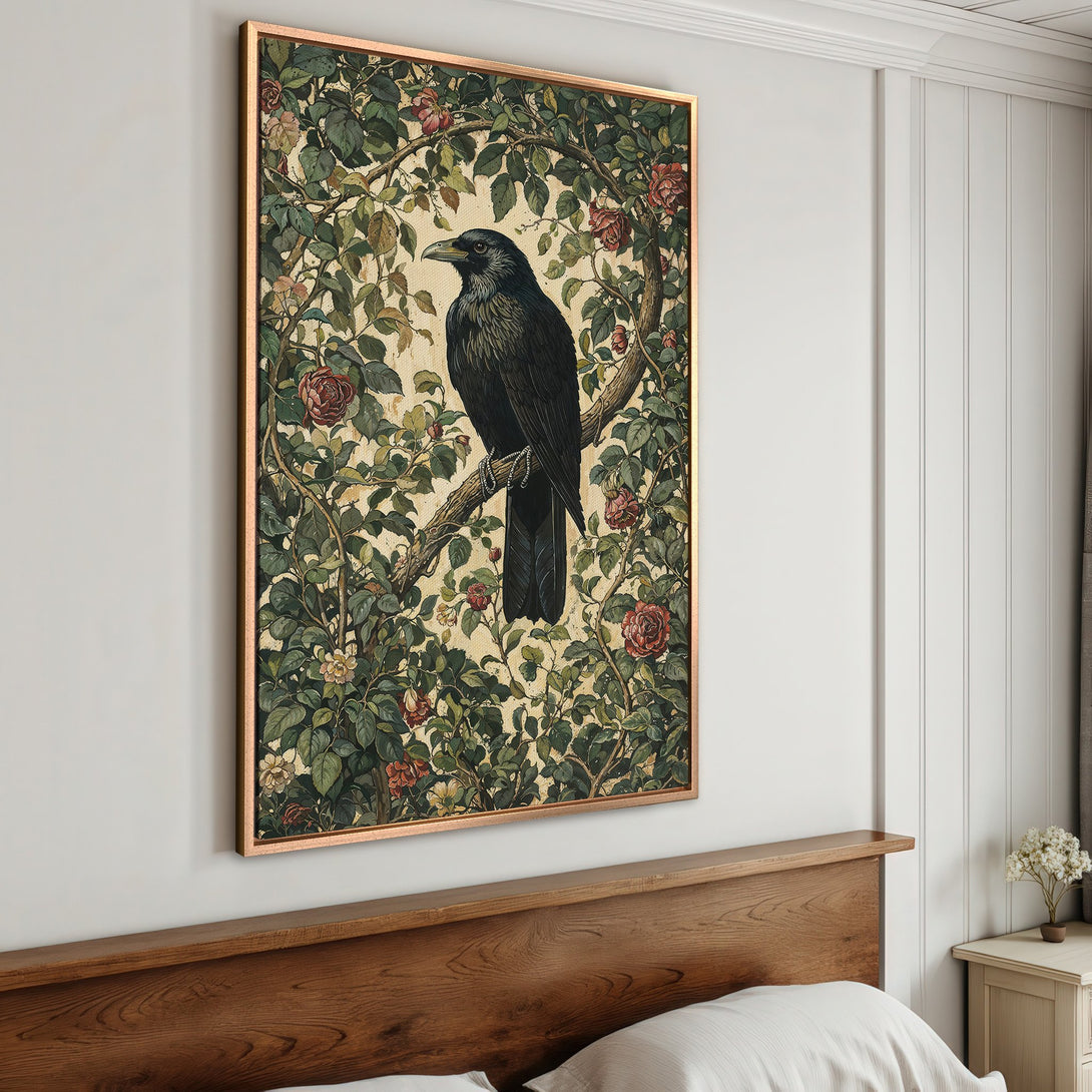 Framed Wall Art: Vintage raven print with floral accents in a botanical style. Earthy green, red, and cream color palette. Perfect for bedroom decor.