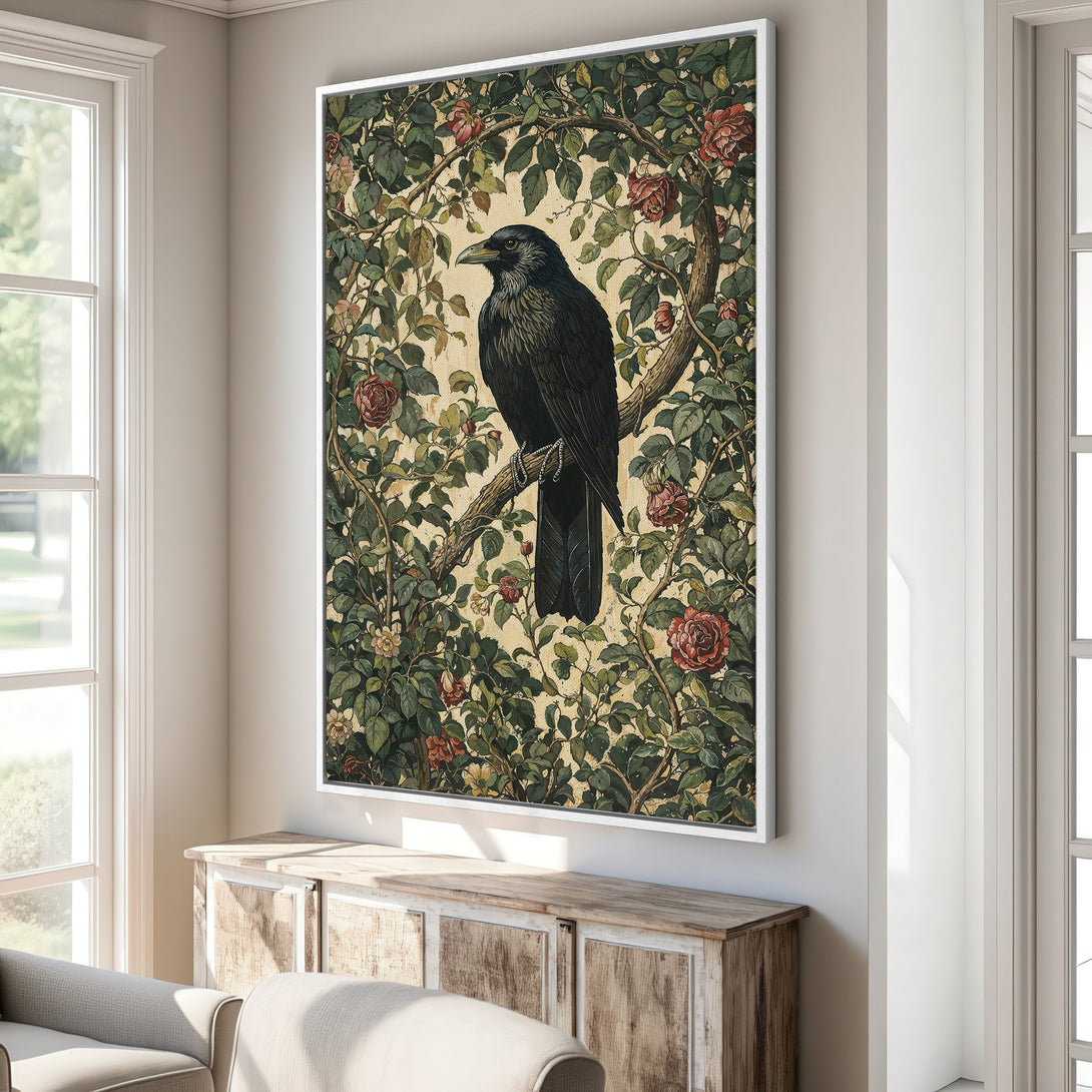 Framed Wall Art: Vintage botanical print featuring a raven perched on a branch surrounded by roses. Earthy tones, perfect for adding a touch of nature to your home.