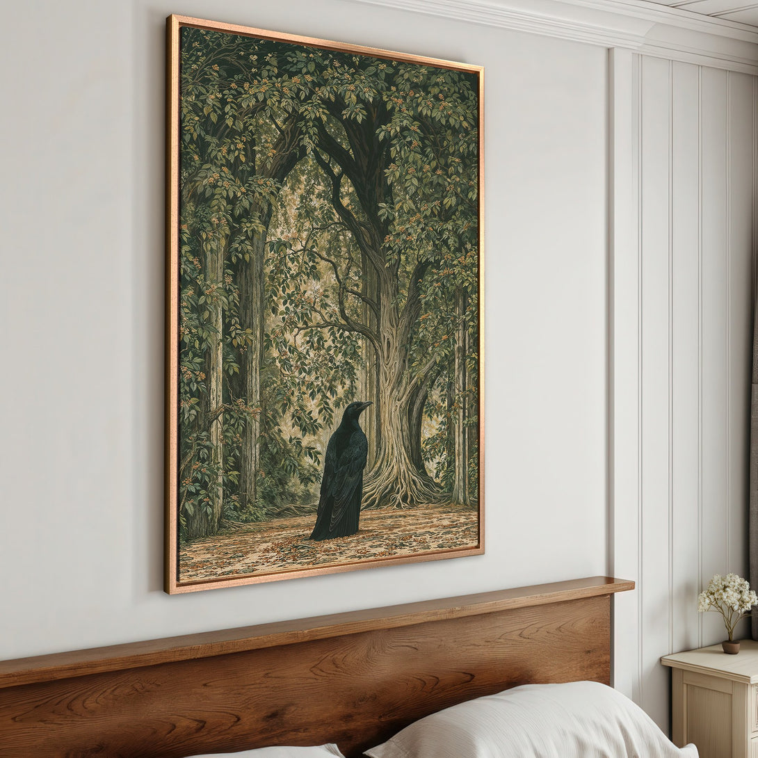 Framed Wall Art: Forest scene with a raven, vintage style, green and brown color palette. Add a touch of nature to your bedroom decor.