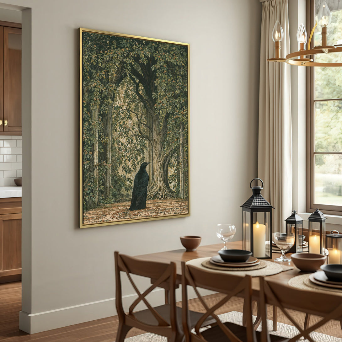Canvas Print: Forest scene with a raven, featuring a moody, vintage style with a muted green and brown color palette. Perfect for adding character to your home!