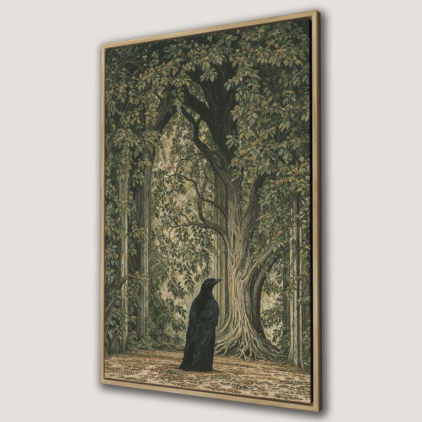 Framed Wall Art of a mystical forest scene with a dark raven. Earthy tones of green, brown, and gold create a moody, vintage aesthetic. Perfect for adding a touch of mystery.