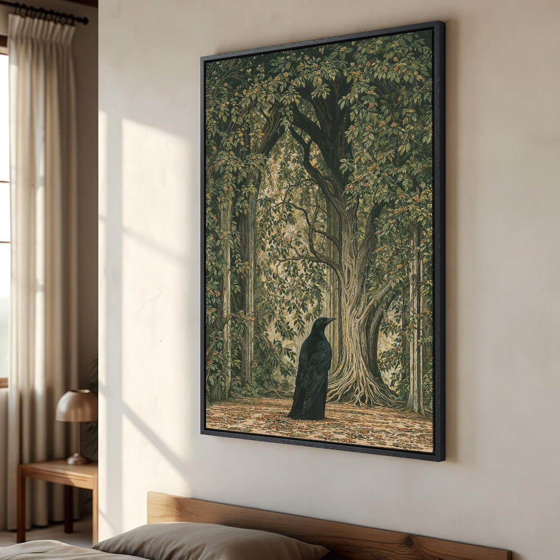 Framed Wall Art: Forest scene with a raven, vintage style, green and brown color palette. Add a touch of nature to your home decor.
