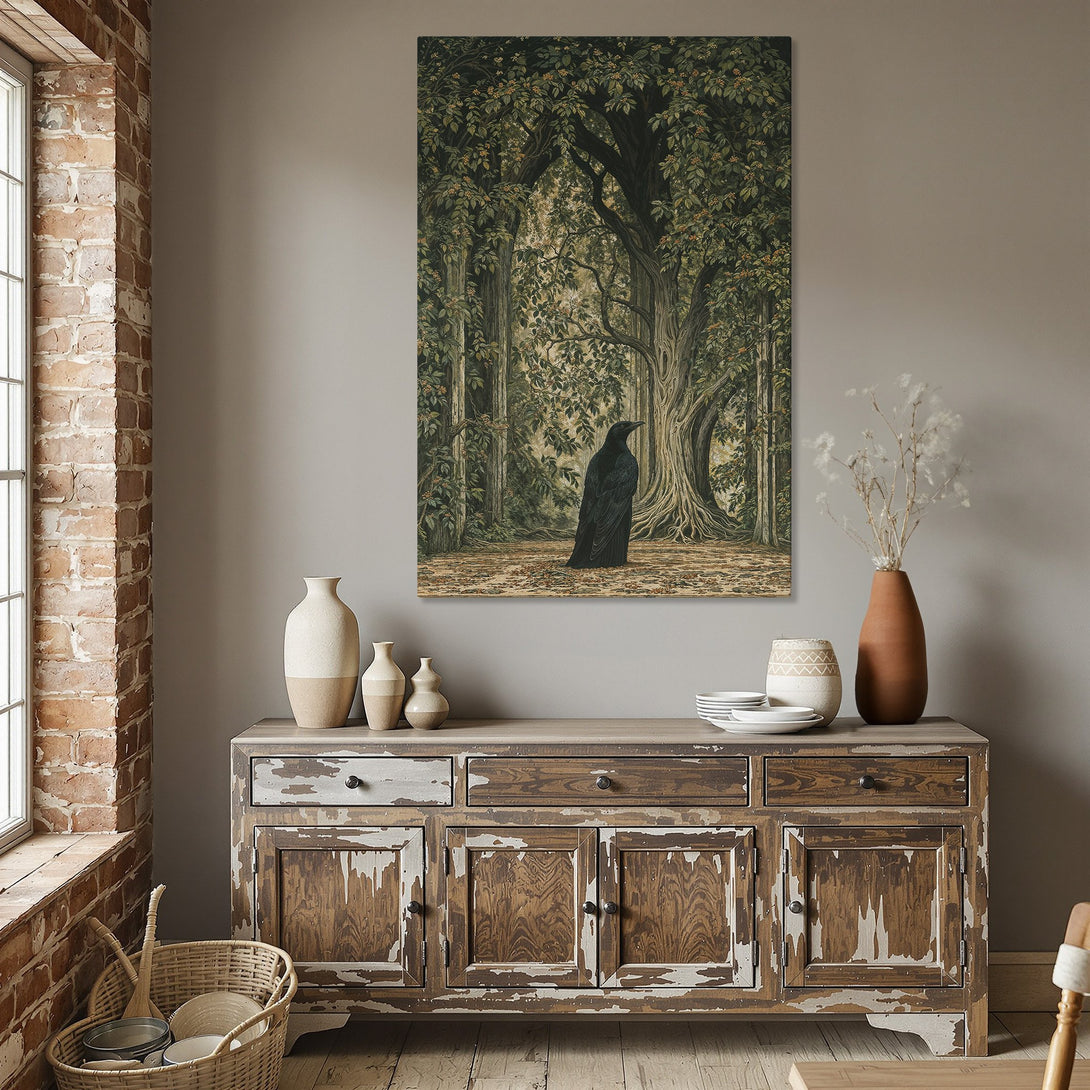 Framed Wall Art: Mysterious forest scene with a raven. Earthy green and brown tones. Perfect for adding a touch of nature and intrigue to your home.