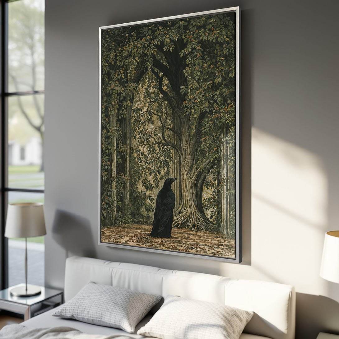 Framed Wall Art featuring a majestic raven in a lush forest. Earthy tones of green, brown, and black create a captivating, vintage-inspired aesthetic. Perfect for any room!