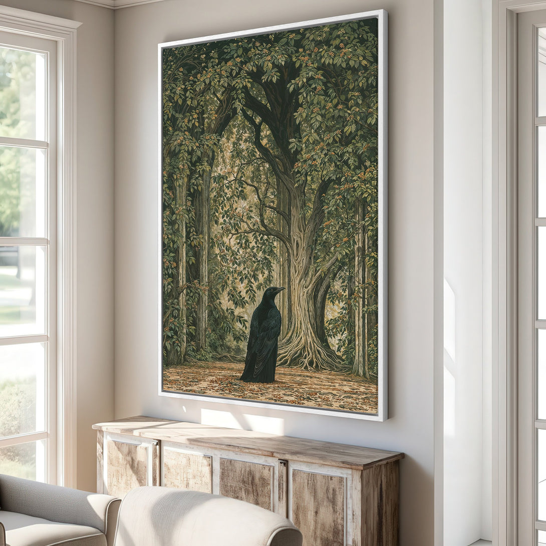 Framed Wall Art featuring a mystical forest scene with a raven. Earthy green and brown tones create a captivating, vintage-inspired aesthetic. Perfect for adding depth to your space.