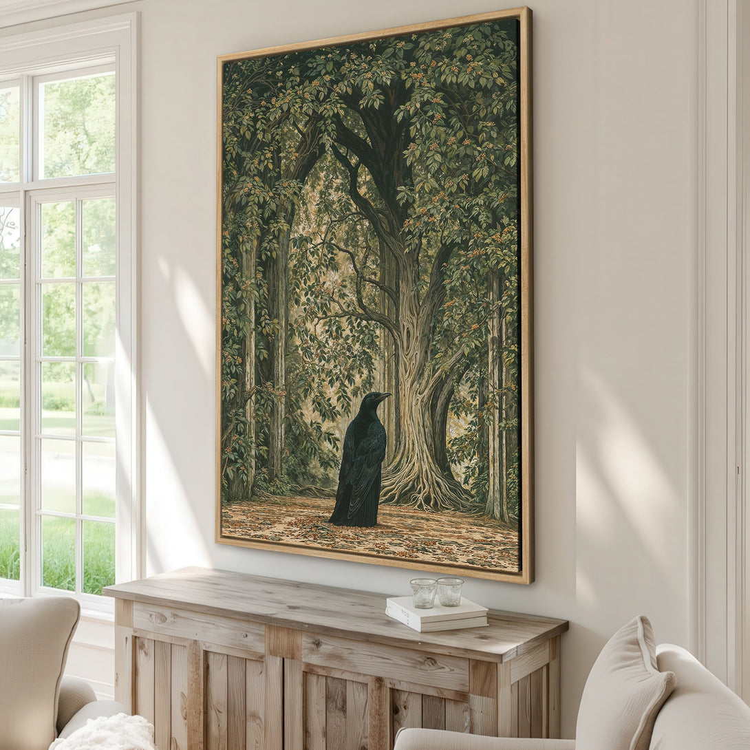 Framed Wall Art: Majestic raven in a forest scene. Earthy tones of green, brown, and beige create a calming aesthetic. Perfect for nature lovers.