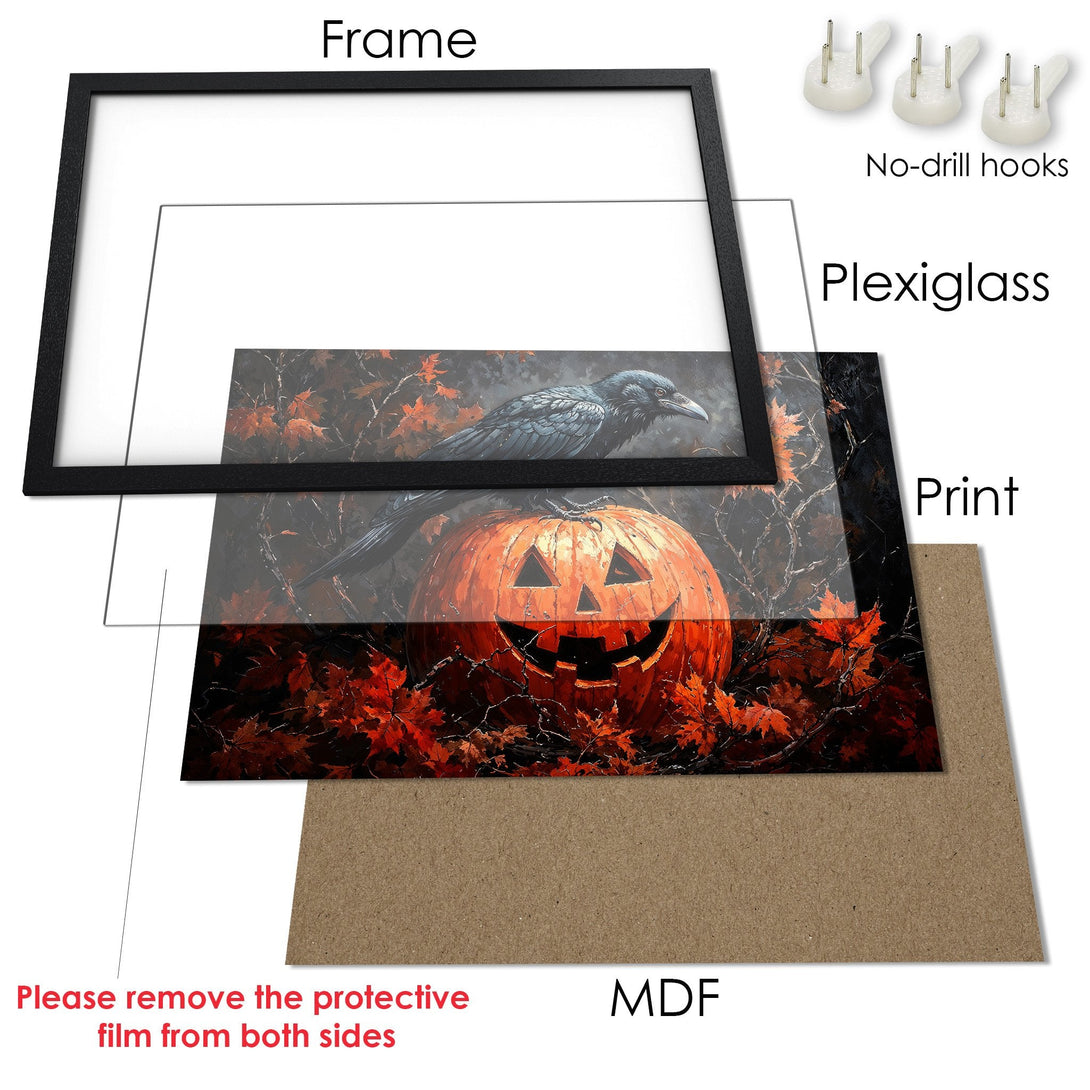 Framed Poster featuring a Halloween raven & pumpkin art print in warm orange & black tones. Perfect spooky decor!