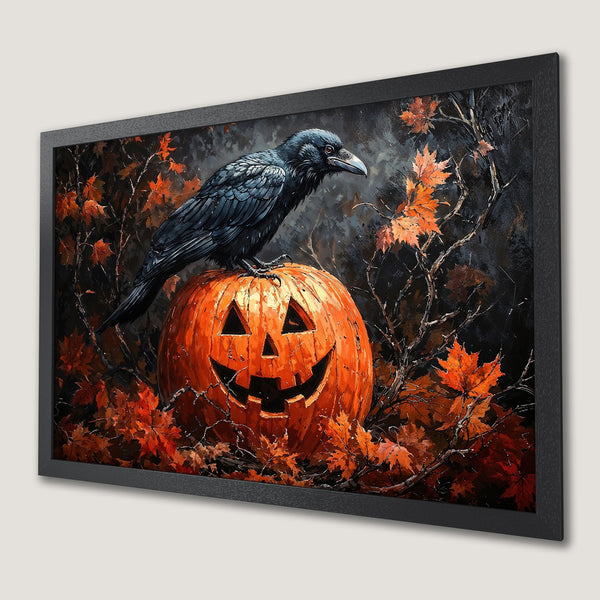 Framed Poster: Halloween art featuring a crow on a pumpkin, dark & moody style, orange & black color palette. Spooky decor.