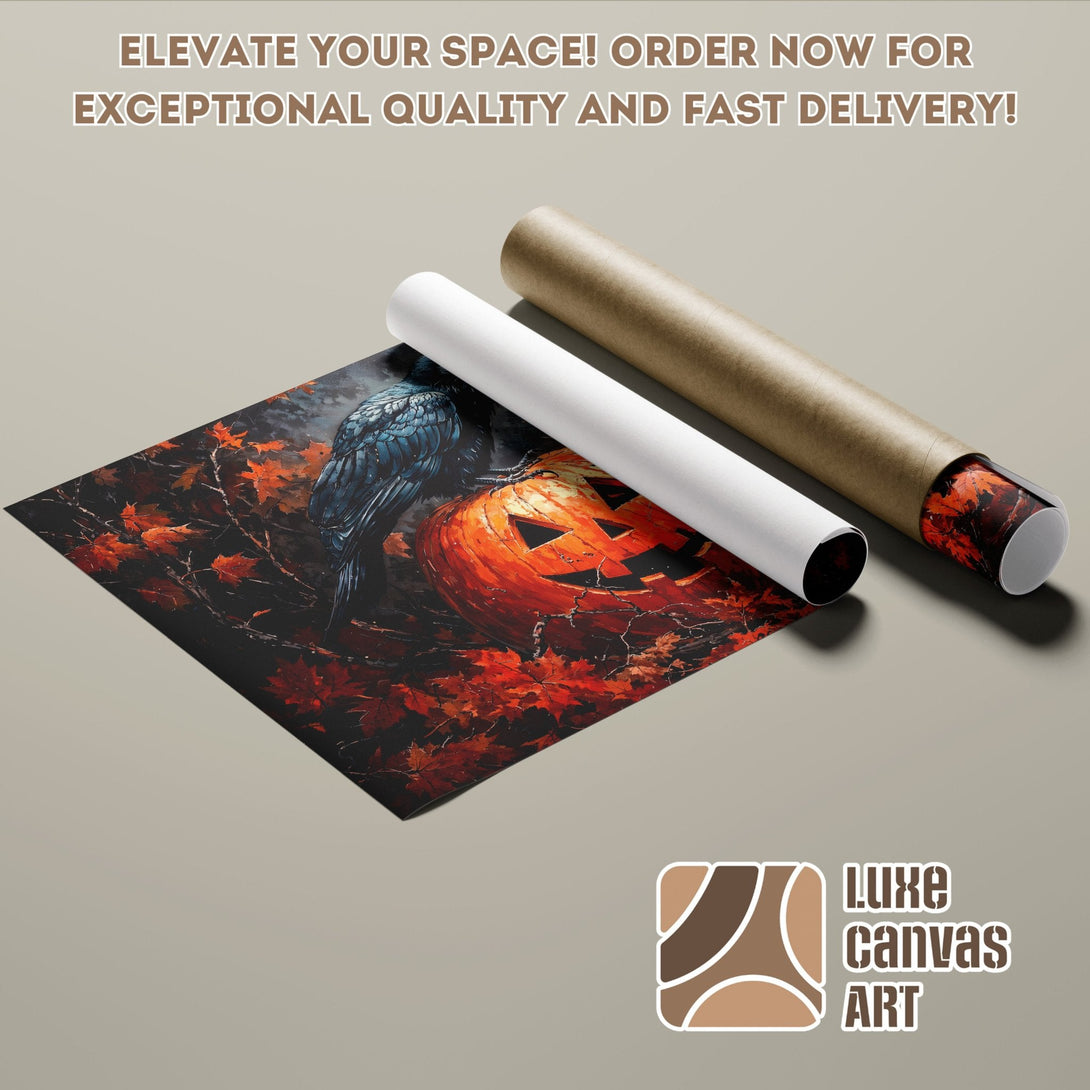 Poster Roll featuring a raven and pumpkin, dark art style, with orange and black color palette.