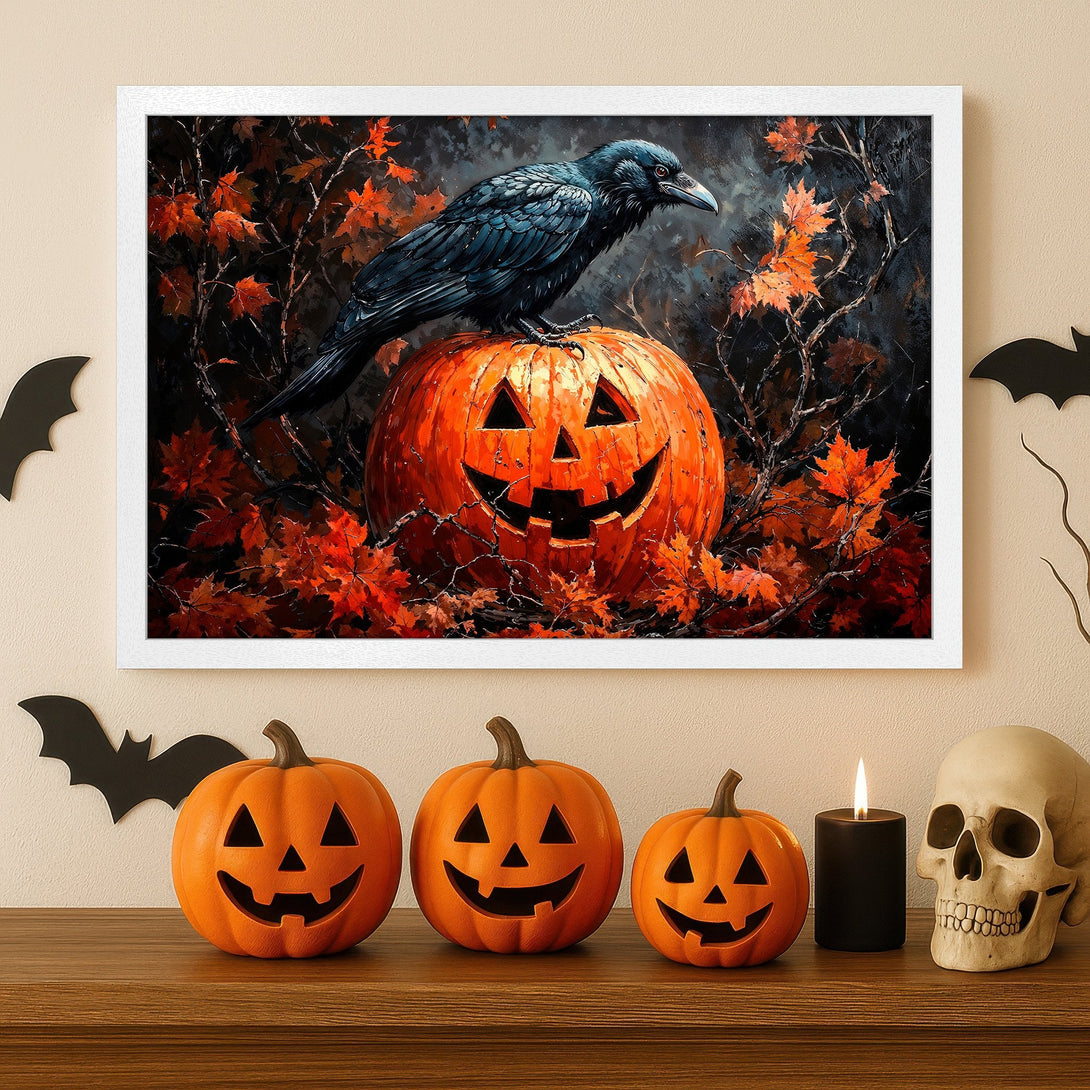 Framed Poster featuring a raven on a jack-o'-lantern. Dark, moody art with orange, black, and red autumn color palette. Perfect Halloween decor.