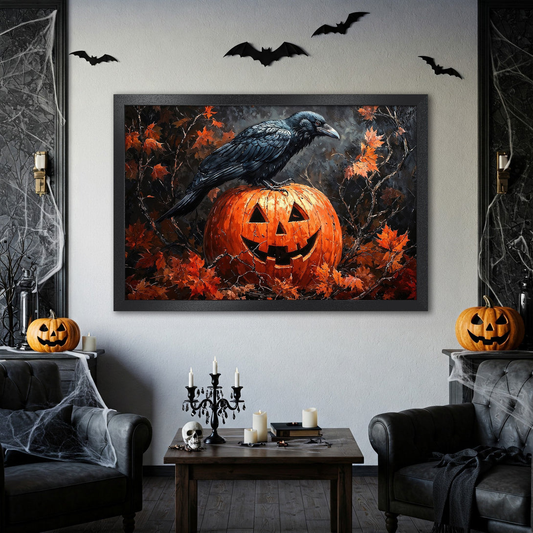 Framed Poster featuring a raven on a pumpkin, Halloween art in dark, orange, and black tones. Spooky decor.