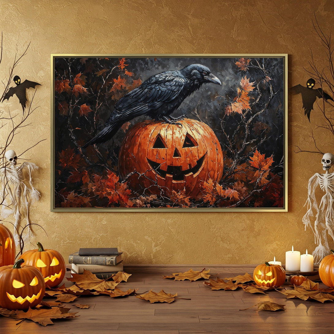 Canvas Print of a raven on a pumpkin, perfect for Halloween decor. Features a dark, moody color palette with orange and black accents.