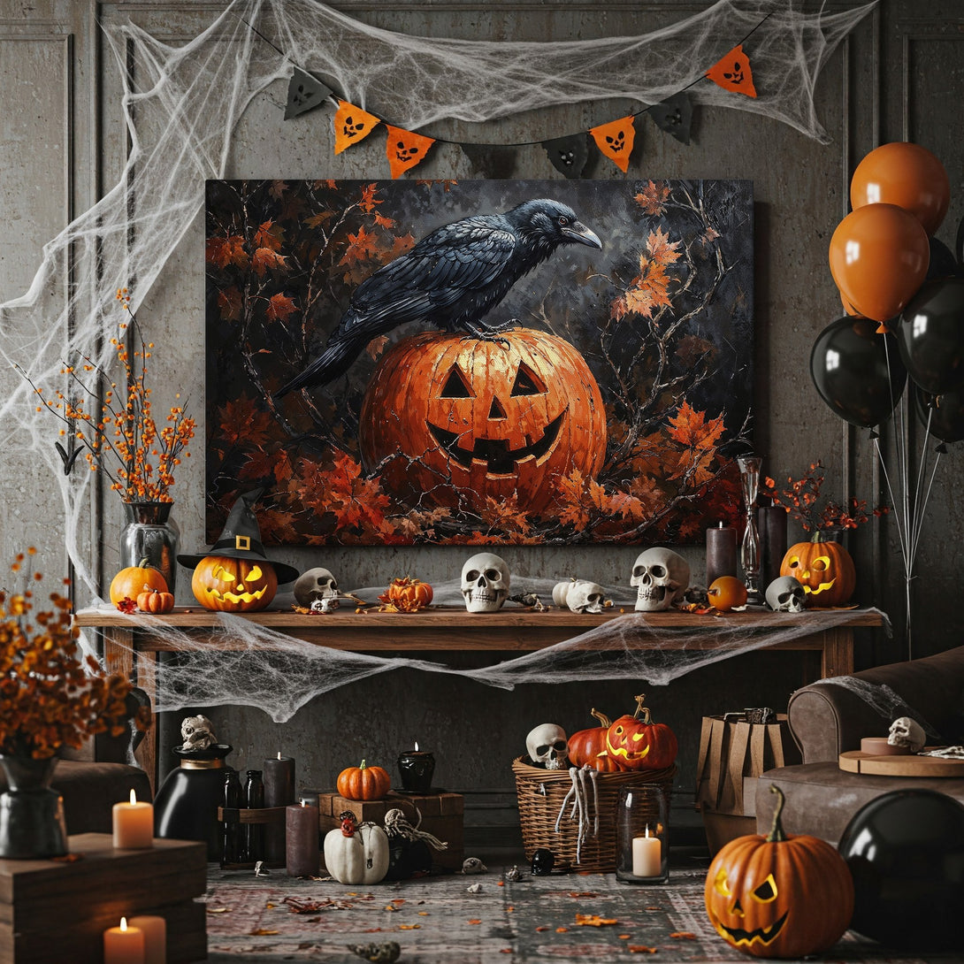 Framed Wall Art: Spooky raven on pumpkin canvas print. Dark, moody painting with orange, black, and gold color palette. Perfect Halloween decor!