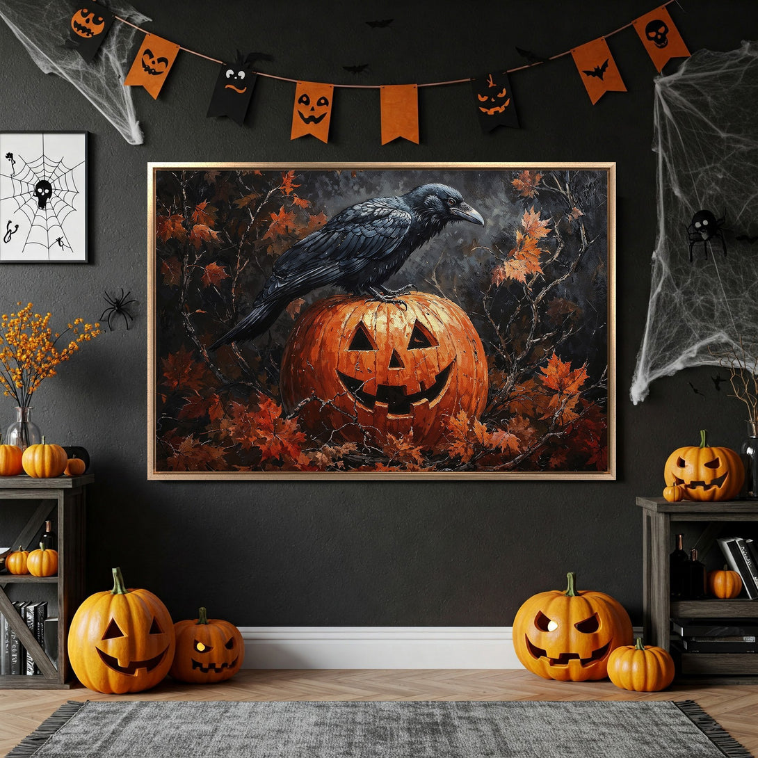 Framed Wall Art: Spooky Halloween scene with a raven on a pumpkin, in a dark, autumnal color palette. Perfect for seasonal decor!