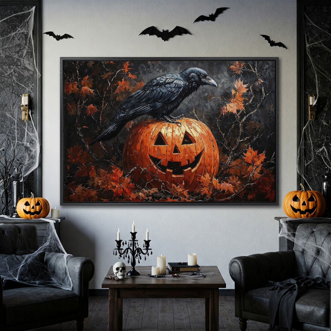 Framed Wall Art: Spooky Halloween scene with raven on pumpkin. Dark, moody painting with orange, black, and brown color palette. Perfect for fall decor!