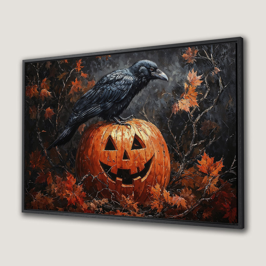 Framed Wall Art: Spooky Halloween scene with a raven perched on a jack-o'-lantern. Dark, moody palette with orange, black, and brown tones. Perfect fall decor.