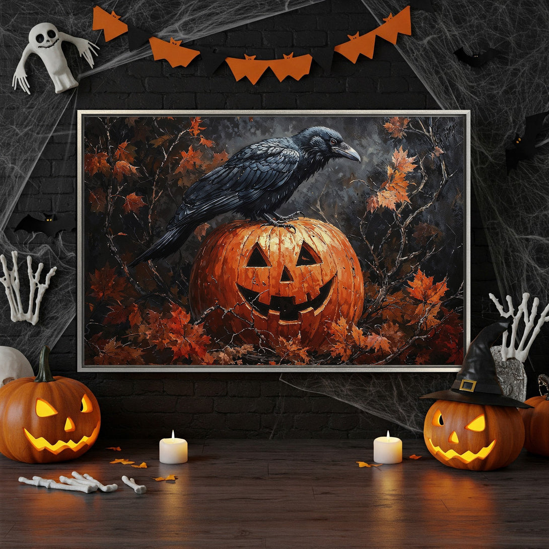 Framed Wall Art: Spooky Halloween Raven on Pumpkin. Dark, moody art with orange, black, and gray color palette. Perfect for fall decor!