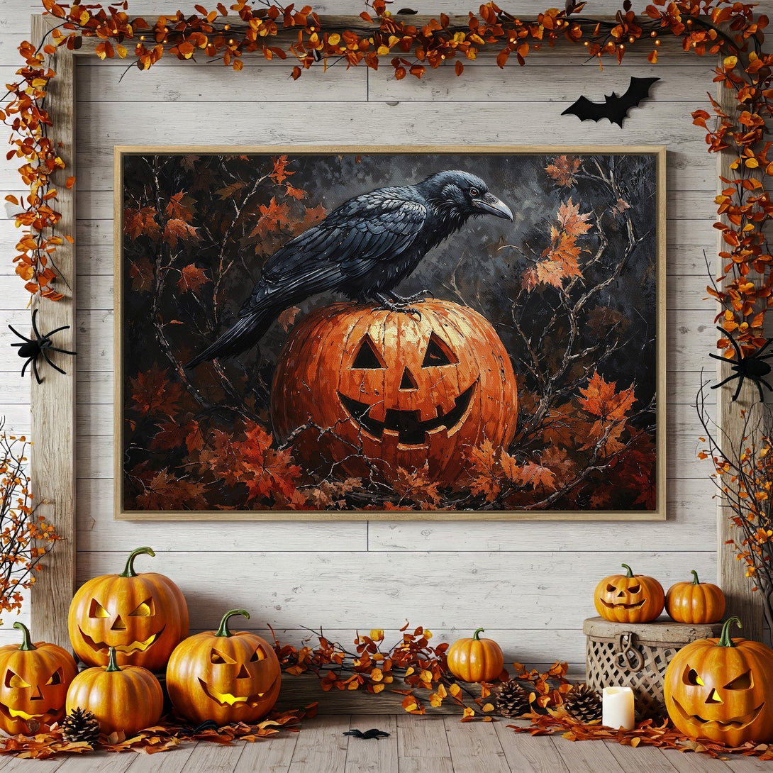 Framed Wall Art: Halloween raven and pumpkin painting, autumn colors, perfect for spooky seasonal decor.