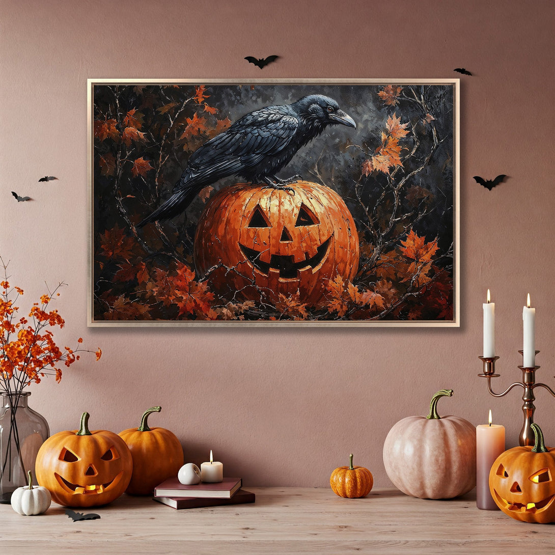 Framed Wall Art: Spooky Halloween scene with a crow on a pumpkin, featuring an autumn color palette. Perfect for adding a festive touch to your home.