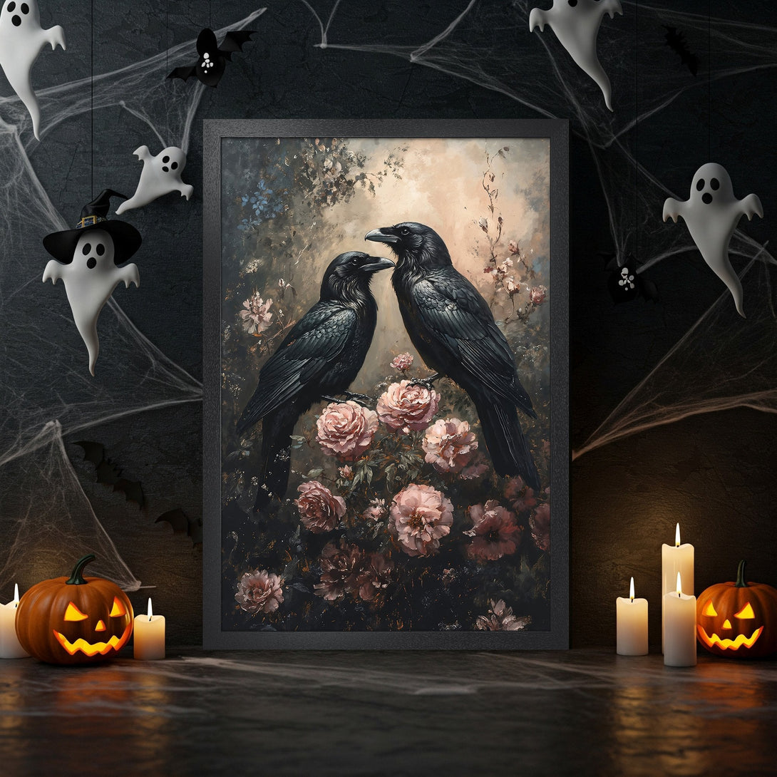 Framed Poster featuring two black ravens and pink flowers, dark and moody style, with a black and pink color palette. Perfect Halloween decor.