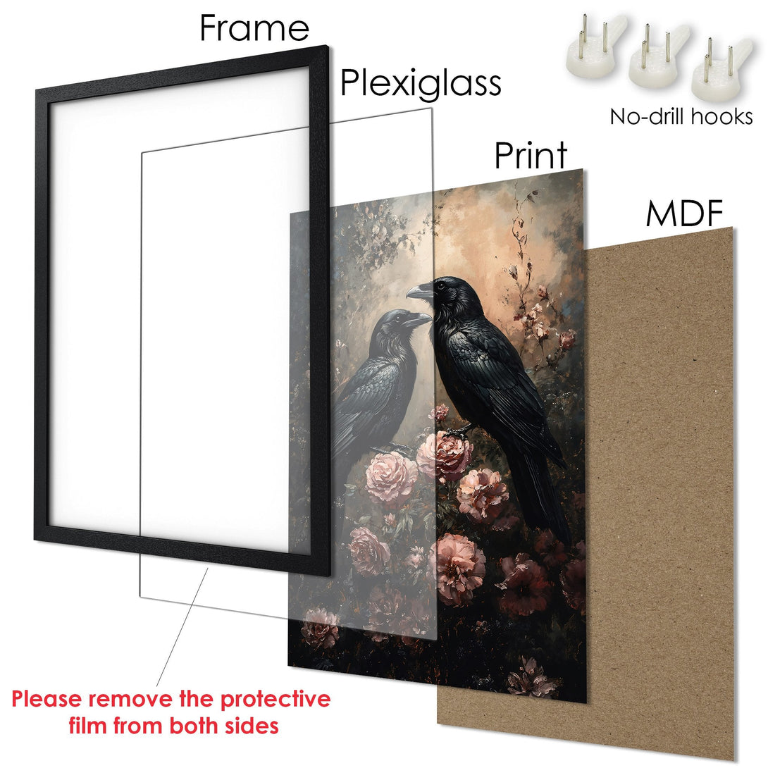 Framed Poster featuring a raven and roses, in a dark, romantic style with a muted color palette. Perfect wall art!