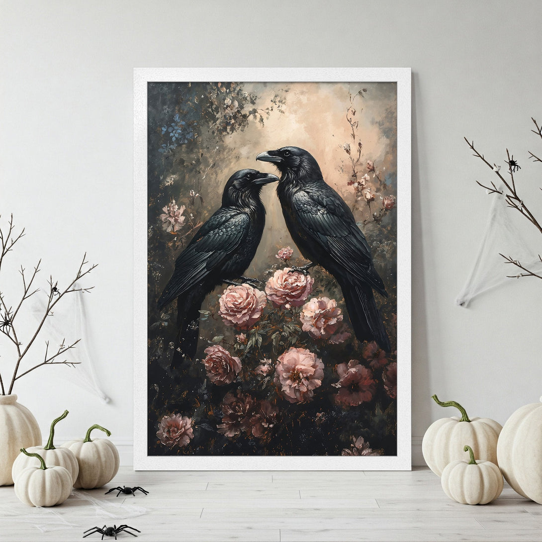 Framed Poster featuring two black ravens on a floral branch, dark and moody style with a soft pink and black color palette.