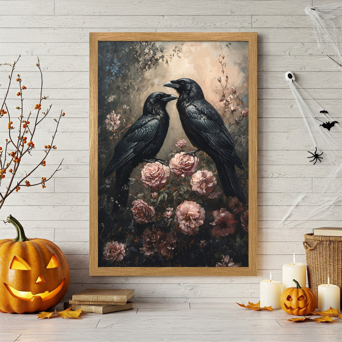 Framed Poster featuring two black ravens with pink flowers, gothic art style, dark and muted color palette perfect for Halloween decor.
