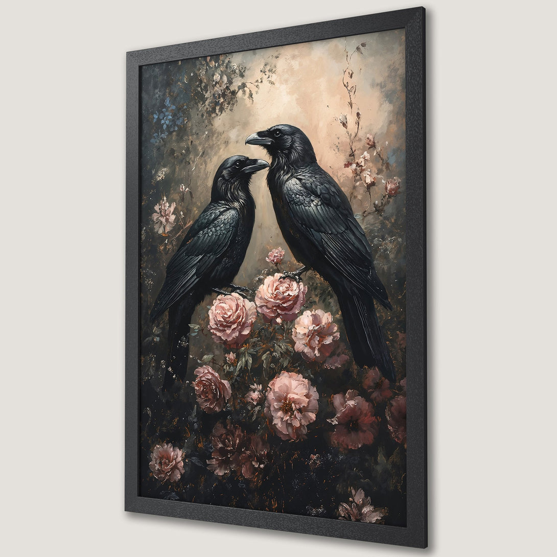 Framed Poster of two ravens on roses, a romantic, vintage-style artwork with a dark, moody color palette.
