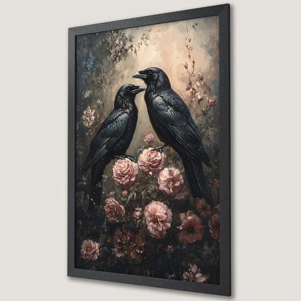 Framed Poster of two ravens on roses, a romantic, vintage-style artwork with a dark, moody color palette.