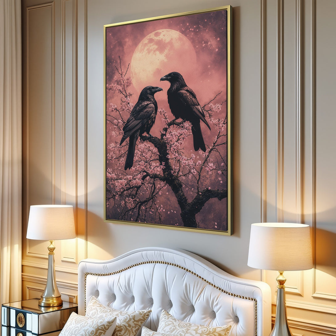 Canvas Print featuring two ravens perched on a flowering tree branch, with a pink and purple color palette. Perfect for adding a touch of nature to your home.