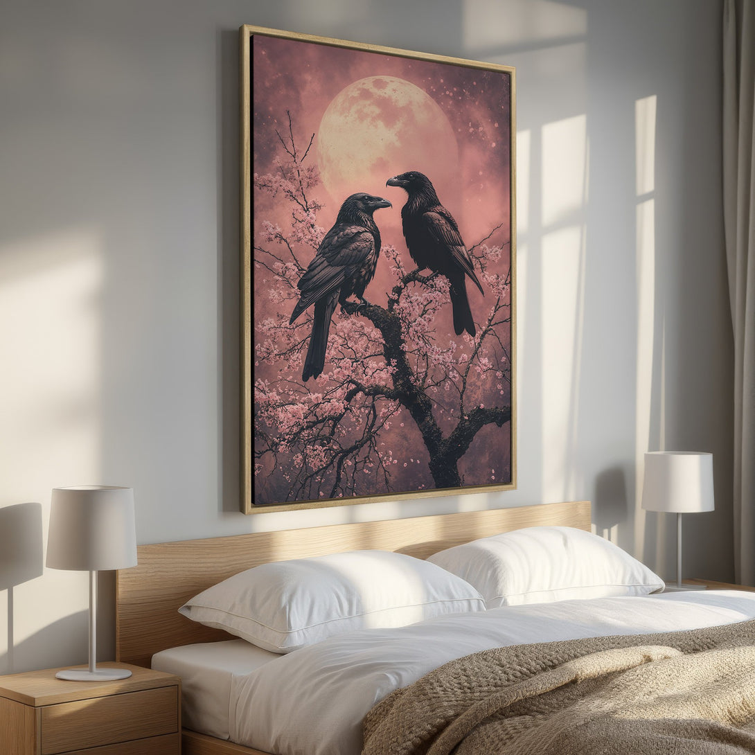 Framed Wall Art: Two ravens perched on a flowering tree against a pink moon. Romantic art with a moody, ethereal style. Perfect bedroom decor.