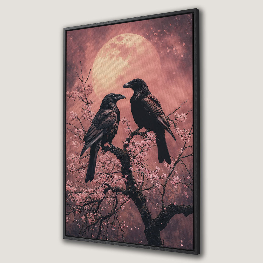 Framed Wall Art: Two ravens perched on a flowering tree under a full moon. Romantic, gothic style in a pink and black color palette.