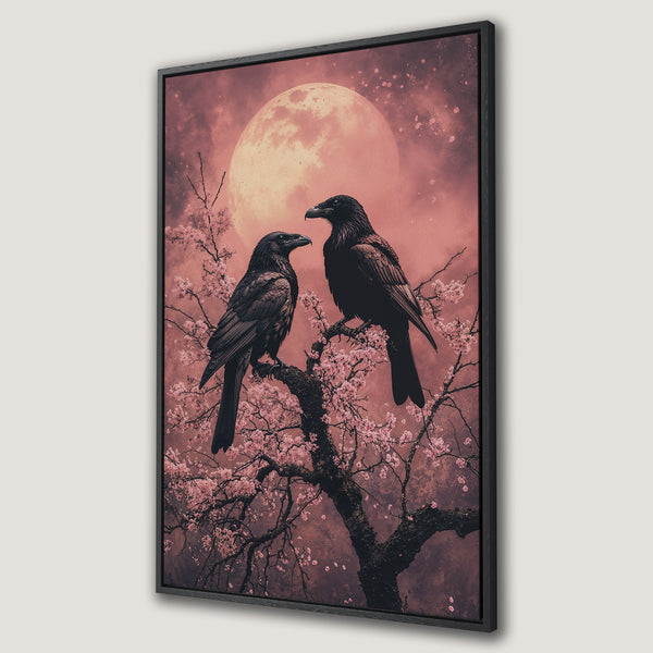 Framed Wall Art: Two ravens perched on a flowering tree under a full moon. Romantic, gothic style in a pink and black color palette.