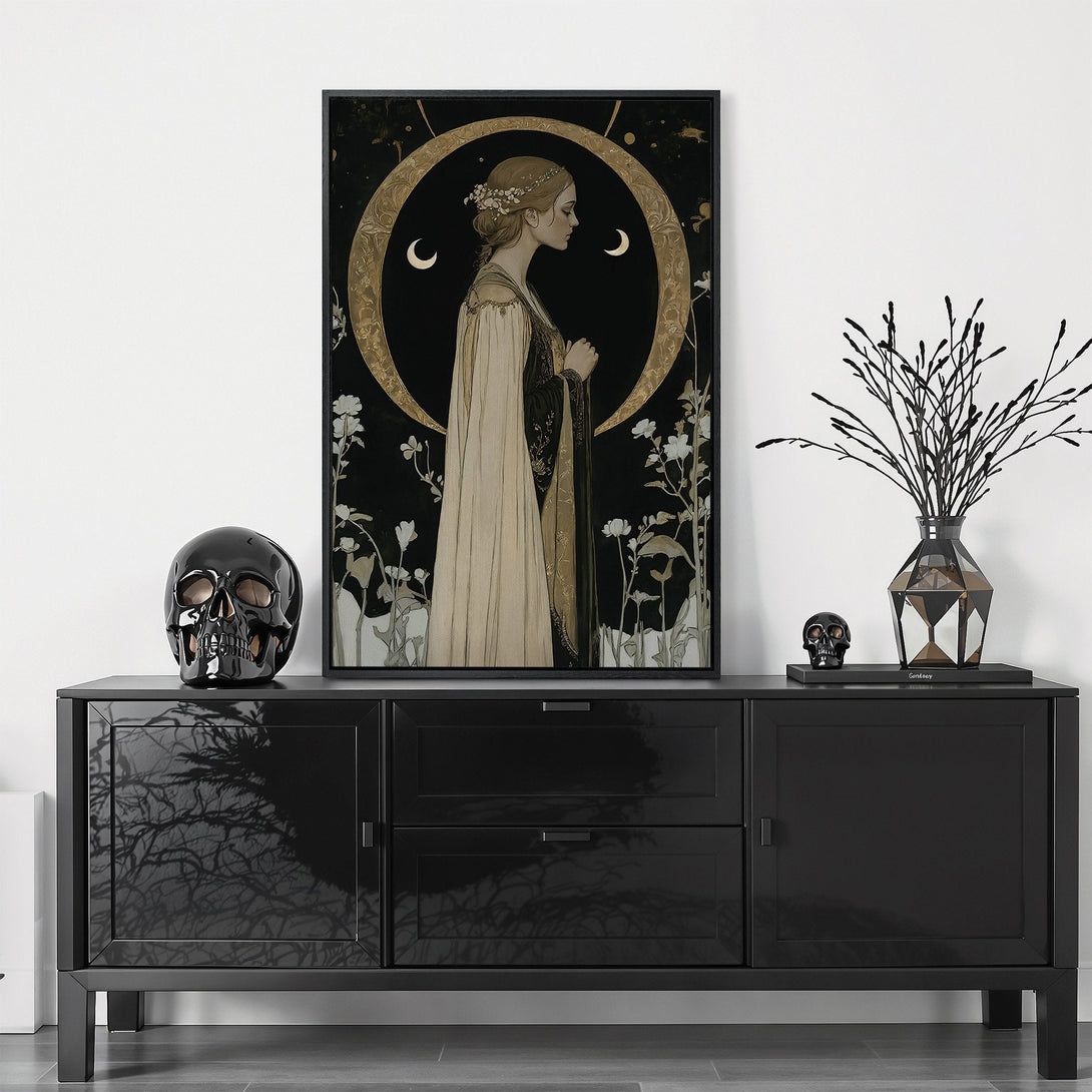 Framed Wall Art featuring a woman in a vintage style, set against a black and gold backdrop. Elegant artwork for your home decor, adding a touch of sophistication.