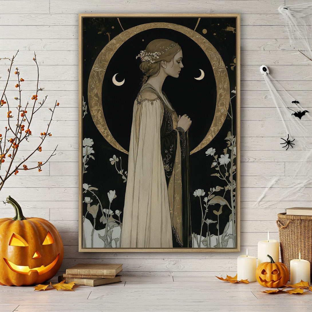 Framed Wall Art featuring a mystical woman in a black and gold color palette. Perfect for adding a touch of elegance and mystery to your home decor.