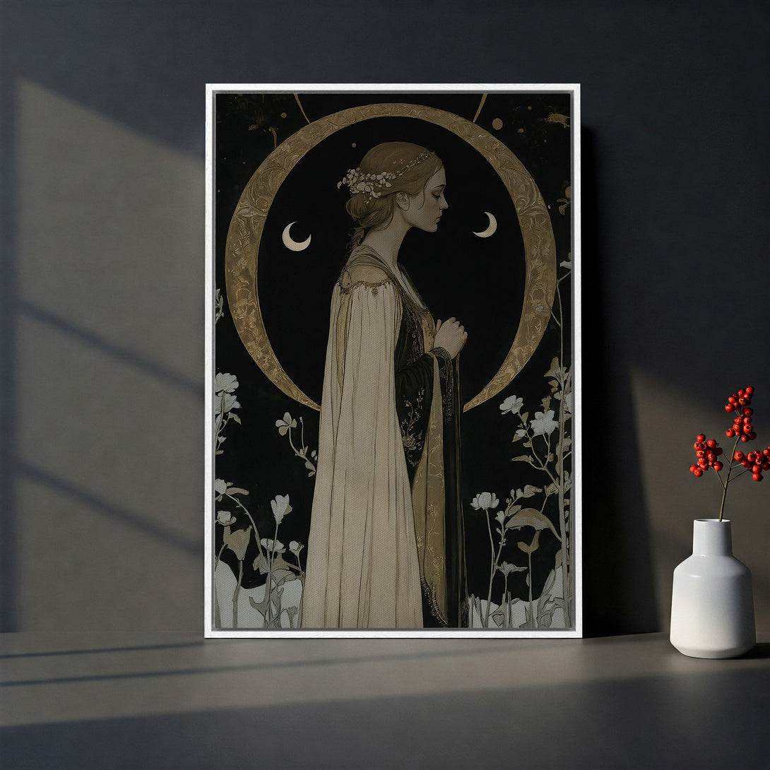 Framed Wall Art featuring a woman in a vintage style, with a black, gold, and cream color palette. Perfect for adding a touch of elegance to any room.