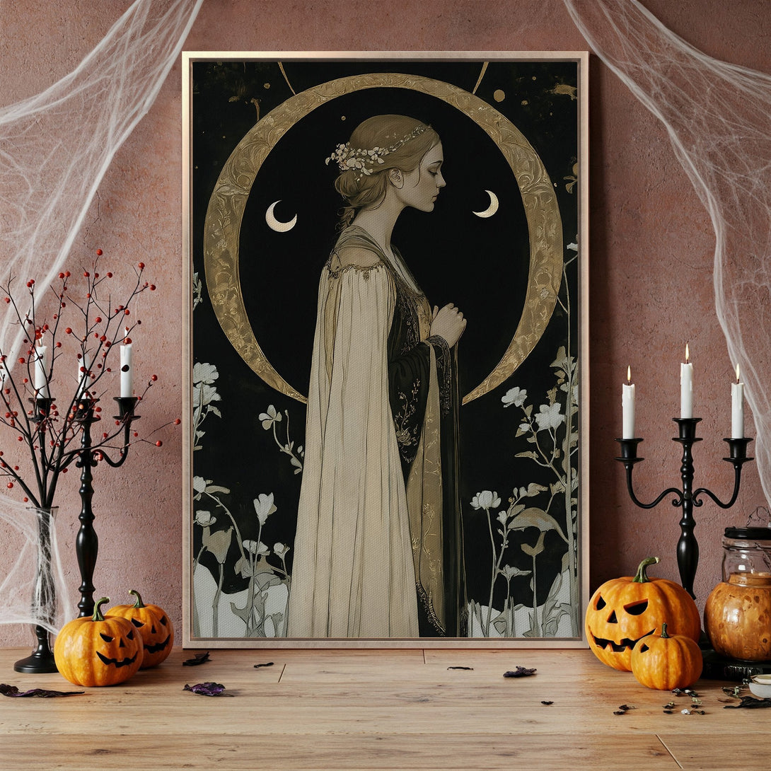 Framed Wall Art: Gothic woman with moon design in black, gold, and cream. Perfect for Halloween decor! Add a touch of mystery to your space.