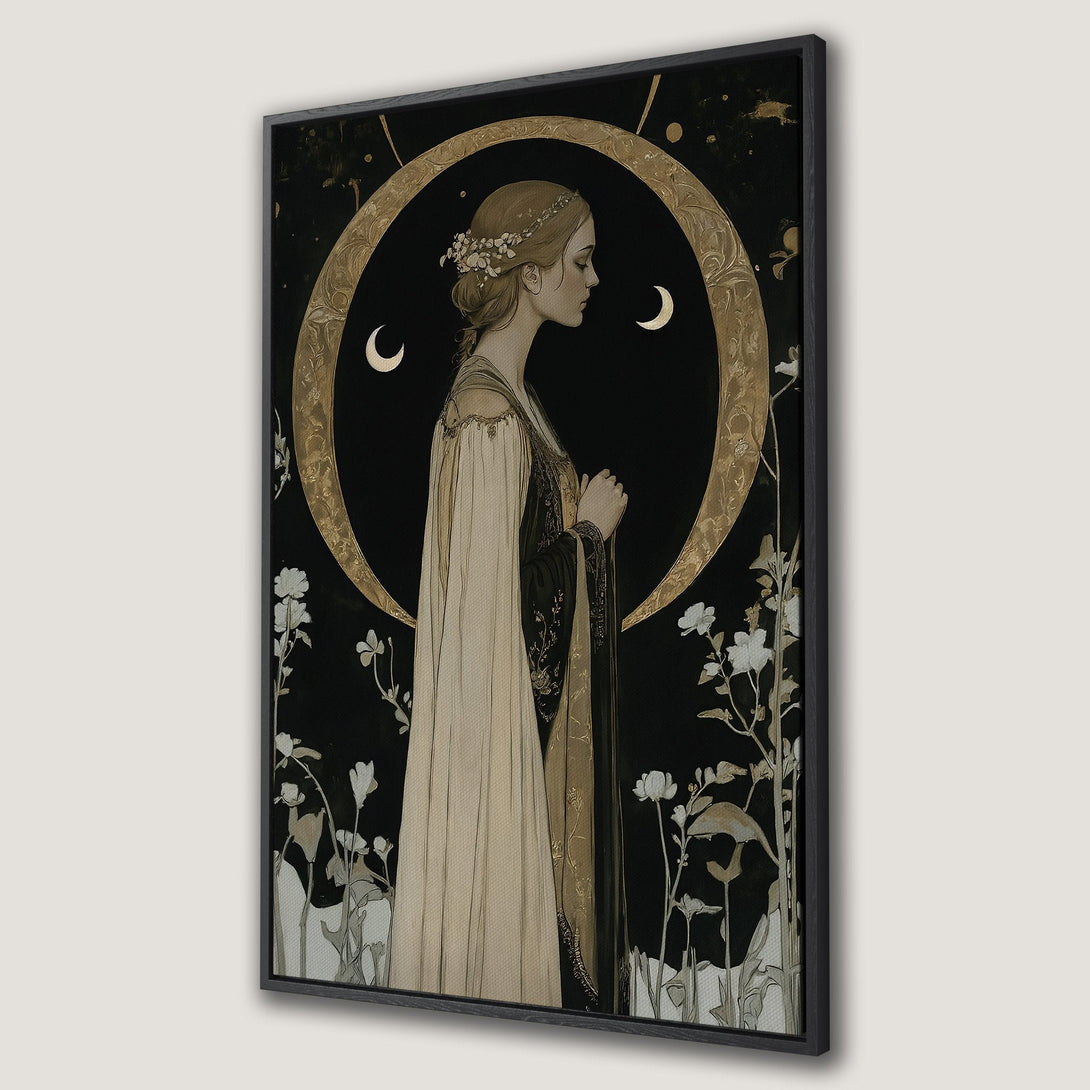 Framed Wall Art featuring a mystical woman in a flowing gown, set against a dark background with gold accents. Elegant, vintage-inspired art in a neutral color palette.