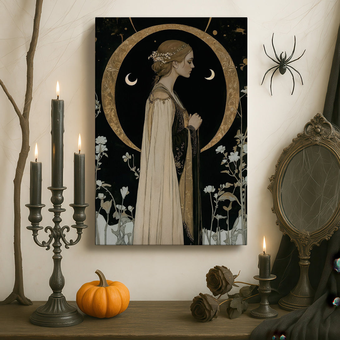 Framed Wall Art featuring a woman in profile, Art Nouveau style, with a black, gold, and cream color palette, displayed in a luxurious interior.