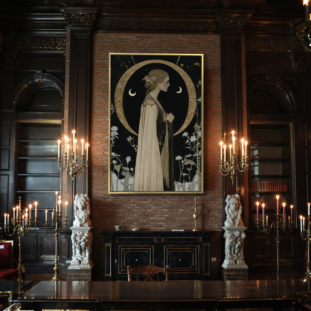 Canvas Print of a woman in a celestial design, gothic style, with a black, gold, and cream color palette. Perfect wall art for a mystical home.