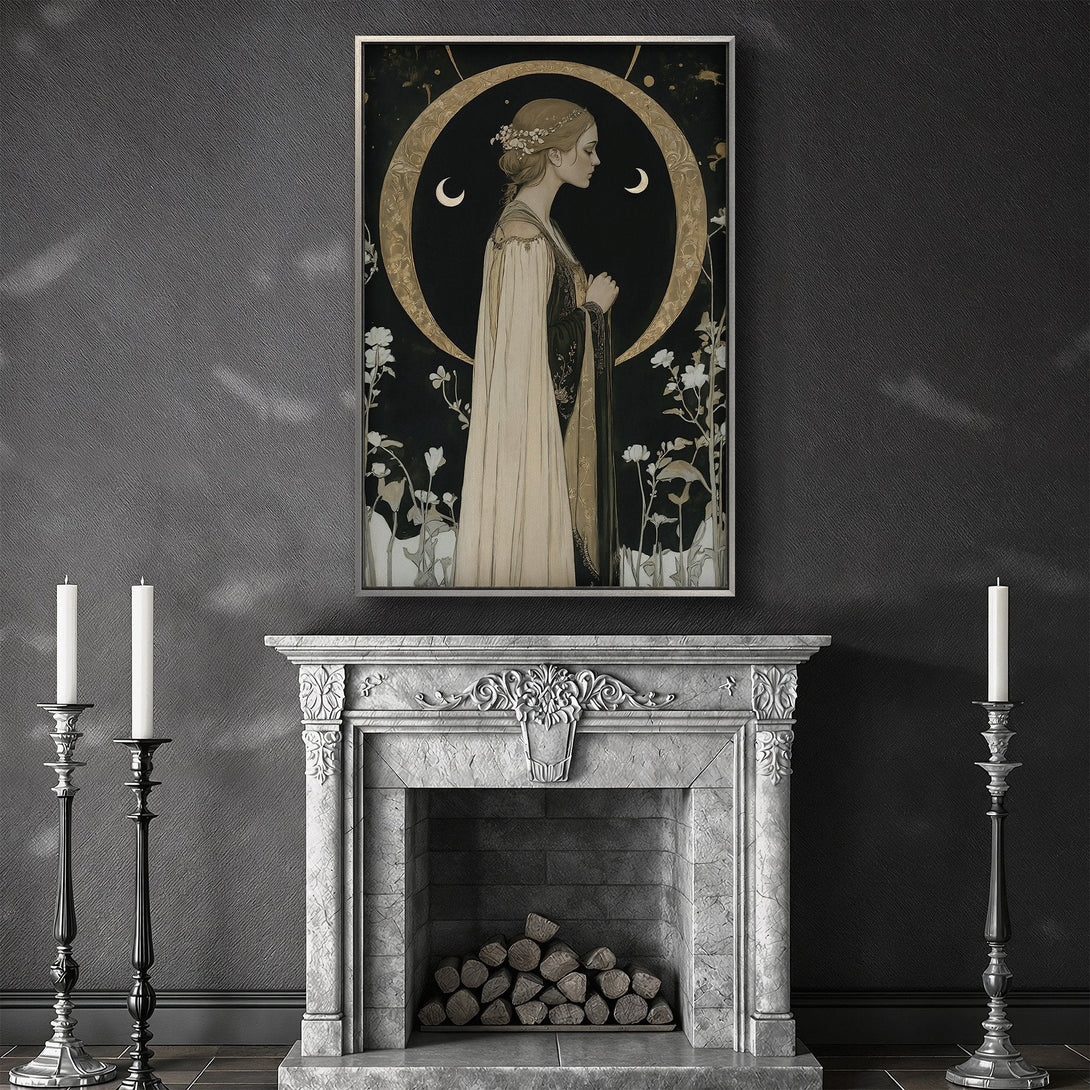 Framed Wall Art featuring a woman in an Art Nouveau style, with a black, gold, and cream color palette. Elegant canvas print for your home decor.