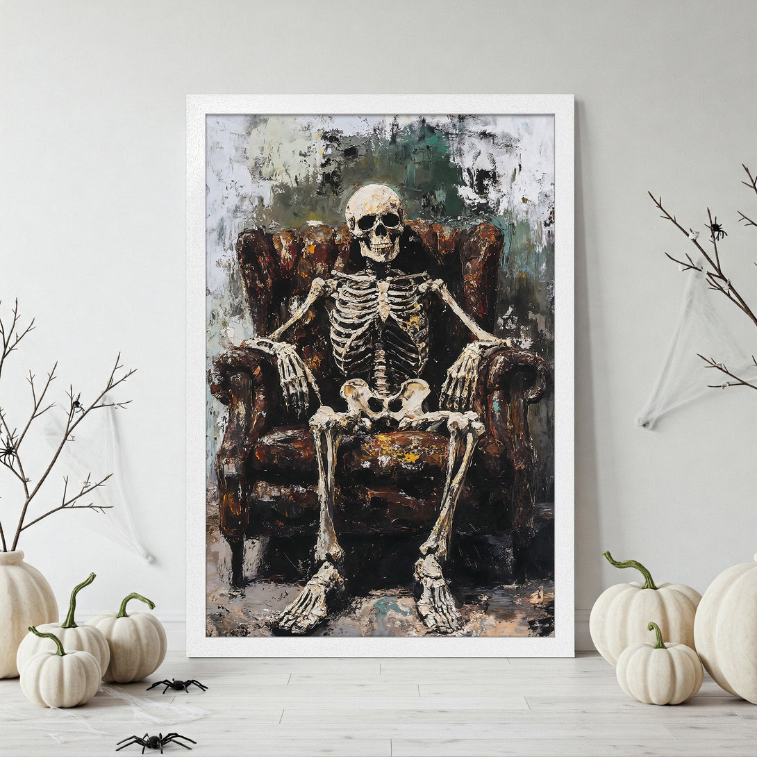 Framed Poster featuring a skeleton in an armchair, painted in an expressive style with a dark, moody color palette, perfect for Halloween decor.