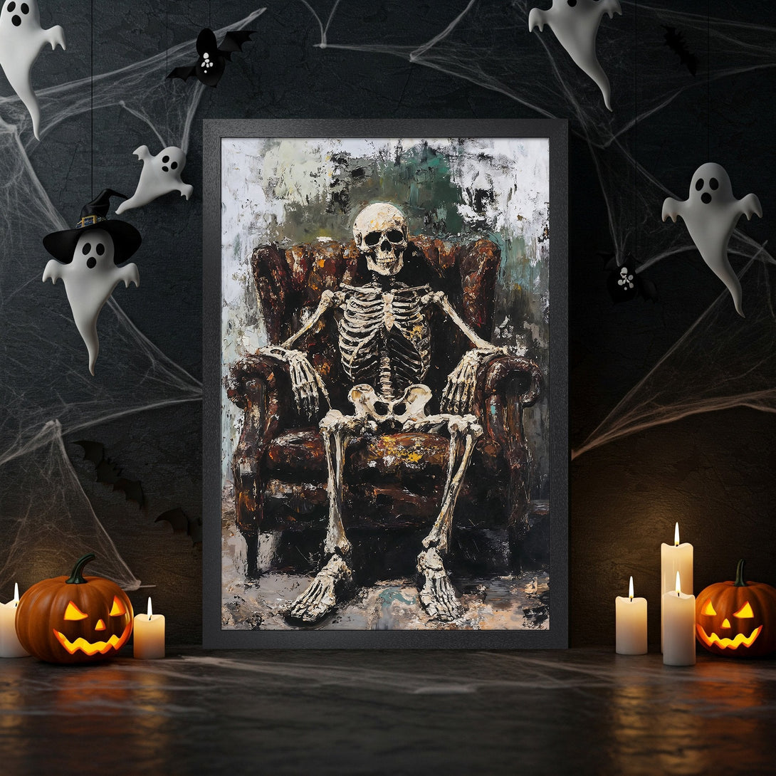 Framed Poster: Skeleton in armchair, abstract style, dark brown & green palette. Perfect Halloween decor.
